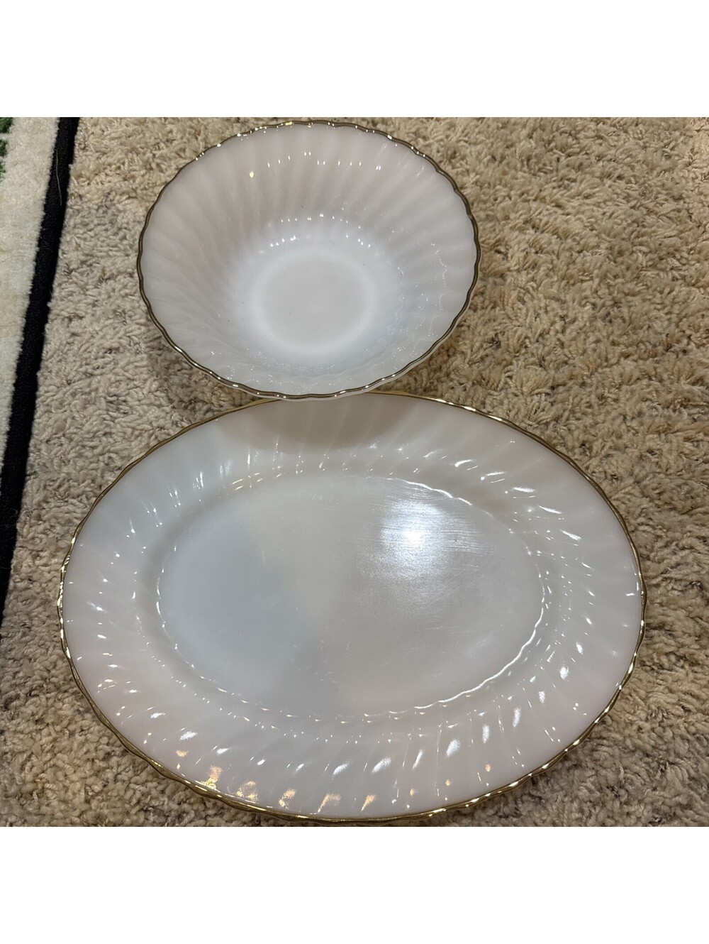 Fire King Oval Serving Platter and veg bowl White Milk Glass Swirl 22k Gold Rim